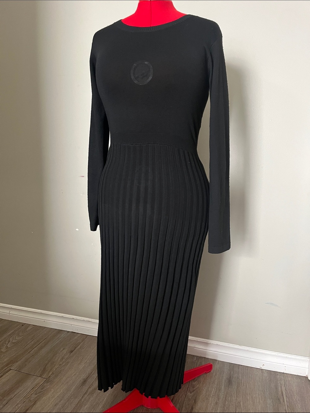 Adelyn Rae Knit Black Long Sleeve Pleated Knit Full length Maxi Dress